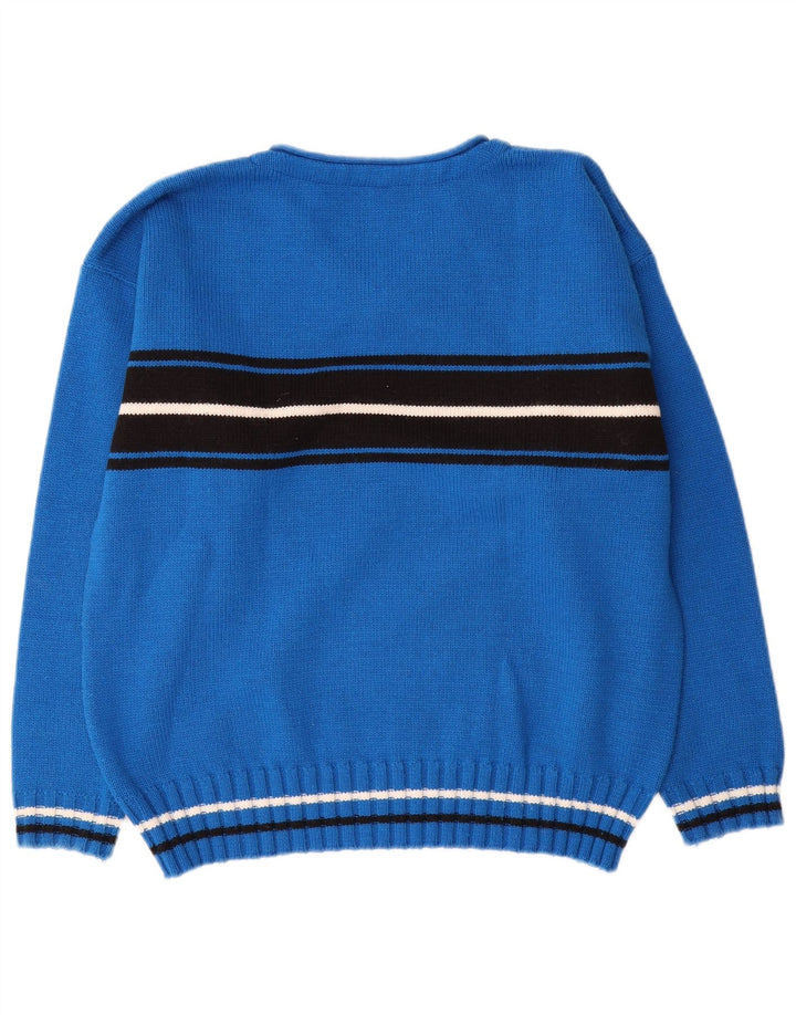 Maglione vintage da uomo con scollo a V color block blu medio
