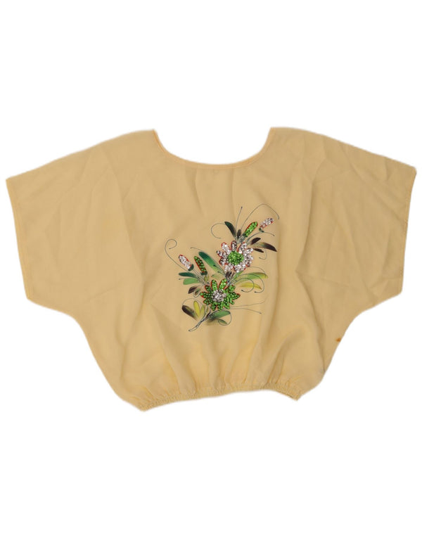 Top corto da donna vintage in camicetta UK 16 grande poliestere floreale beige