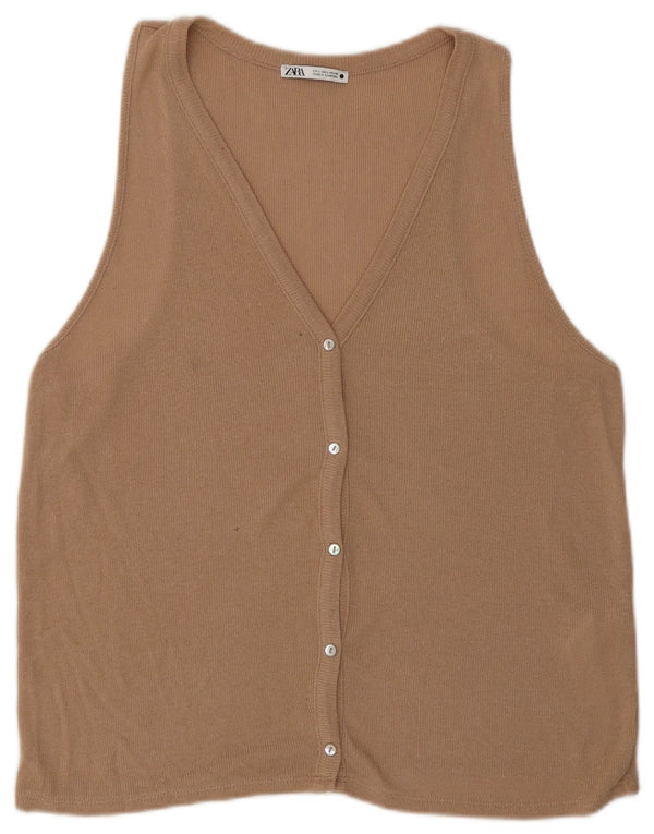 Zara Womens Sleeveless Cardigan Top UK 14 Large Beige Viscose