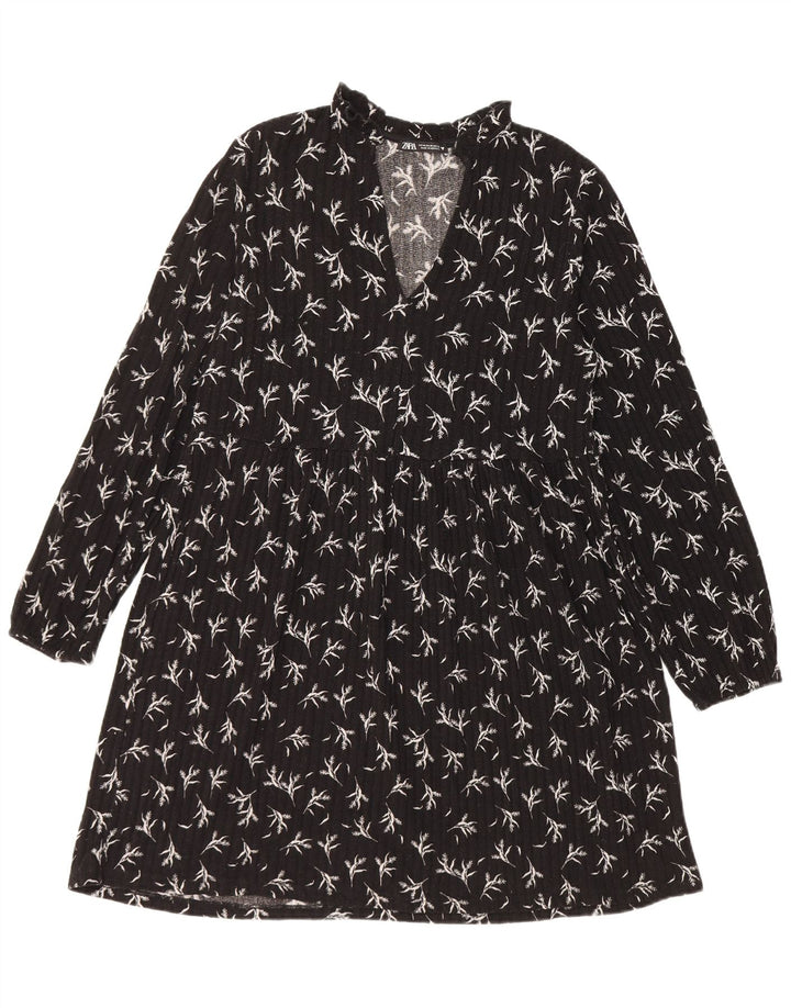 Abito a trapezio a maniche lunghe da donna Zara UK 14 Poliestere floreale nero medio