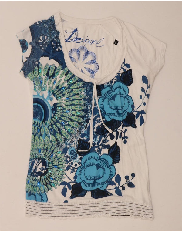 Desigual T-shirt grafica da donna Top UK 14 Large White Floral