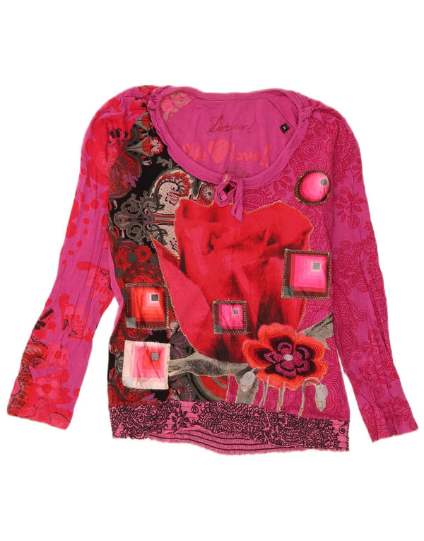 Desigual Donna Graphic Top Manica Lunga UK 14 Cotone Floreale Rosa Medio