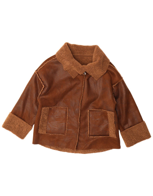 Giacca sherpa oversize da donna vintage con maniche a 3/4 UK 14 Marrone medio