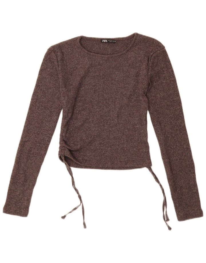 Top corto a maniche lunghe da donna Zara UK 12 Poliestere marrone medio