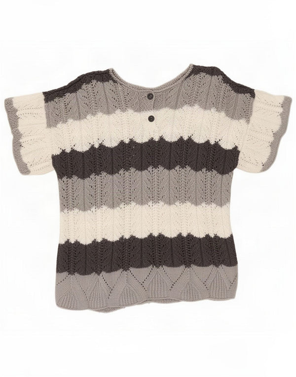 Vintage Womens Button Neck Jumper Sweater UK 16 Large Grey Striped
