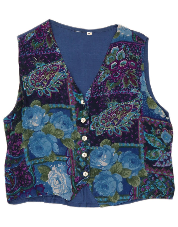 Gilet vintage da donna UK 14 in viscosa floreale blu medio retrò