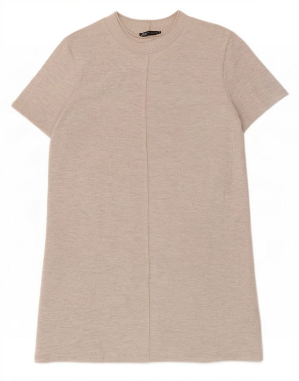 Abito maglione a maniche corte da donna Zara UK 12 Poliestere beige medio