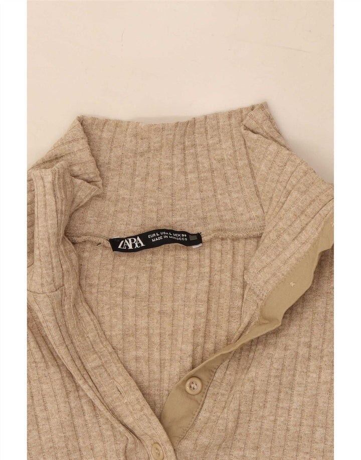 Top Zara da donna con collo abbottonato a maniche lunghe UK 14 Large Beige Poliestere