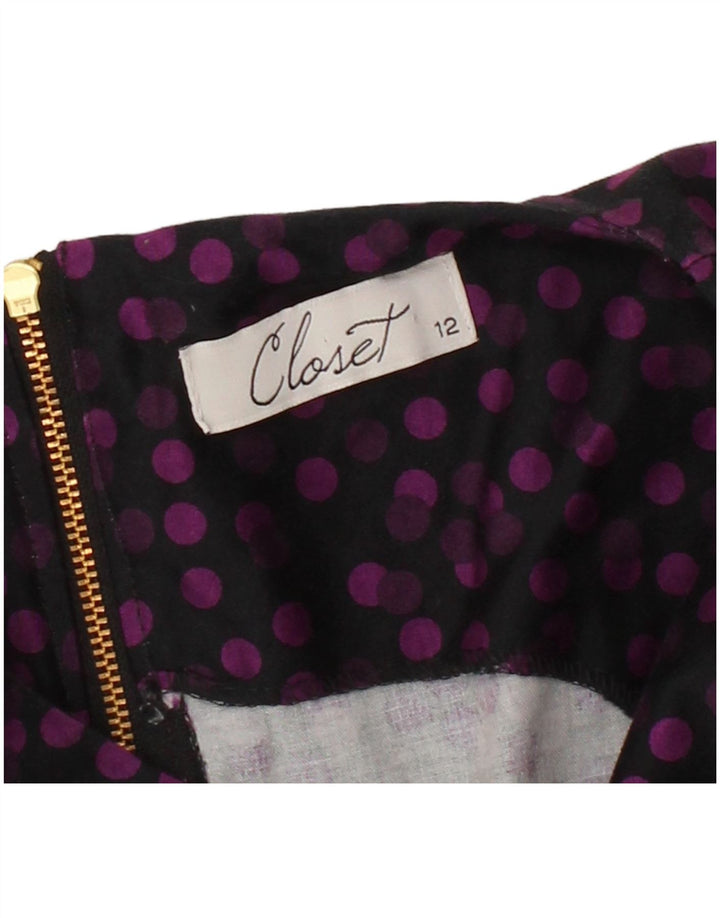 CLOSET Womens Sleeveless A-Line Dress UK 12 Medium Black Polka Dot Cotton