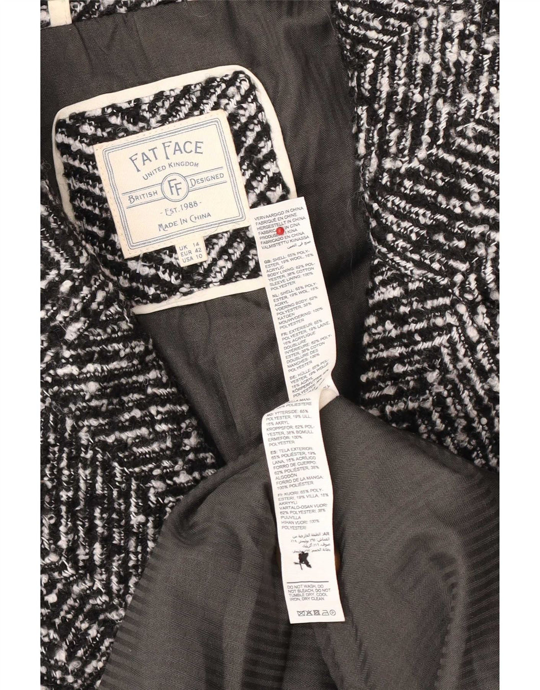 Soprabito ampio da donna Fat Face UK 14 Grande classico a spina di pesce nero