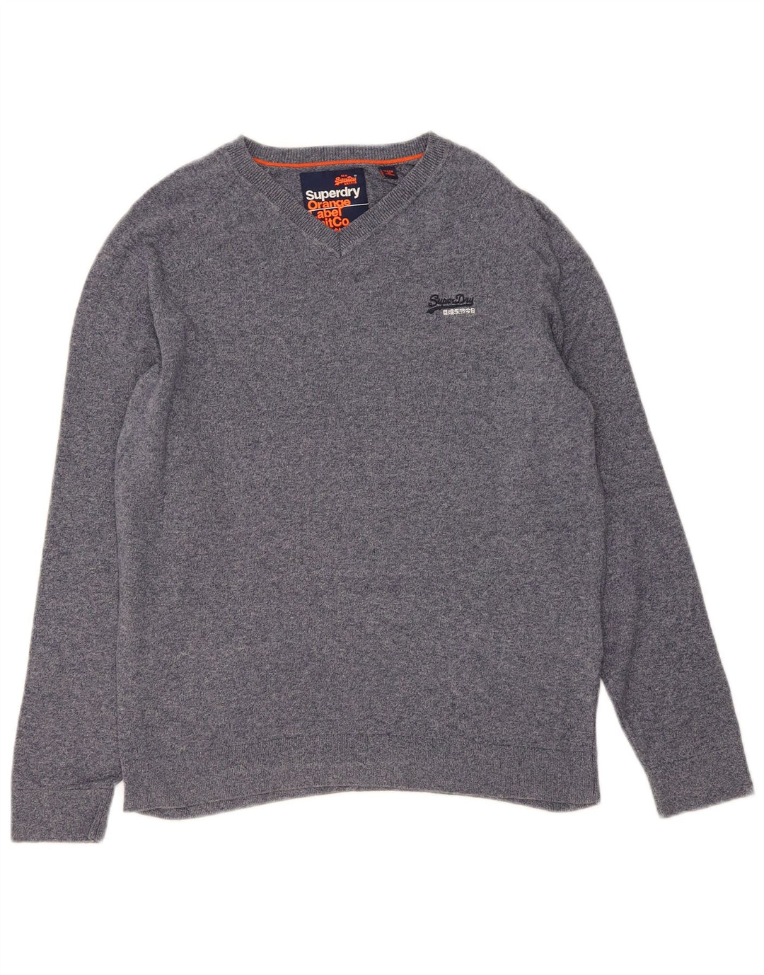 SUPERDRY Mens V-Neck Jumper Sweater Large Navy Blue Cotton