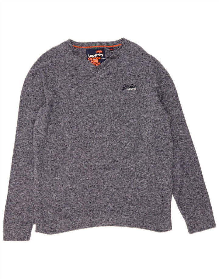 SUPERDRY Mens V-Neck Jumper Sweater Large Navy Blue Cotton