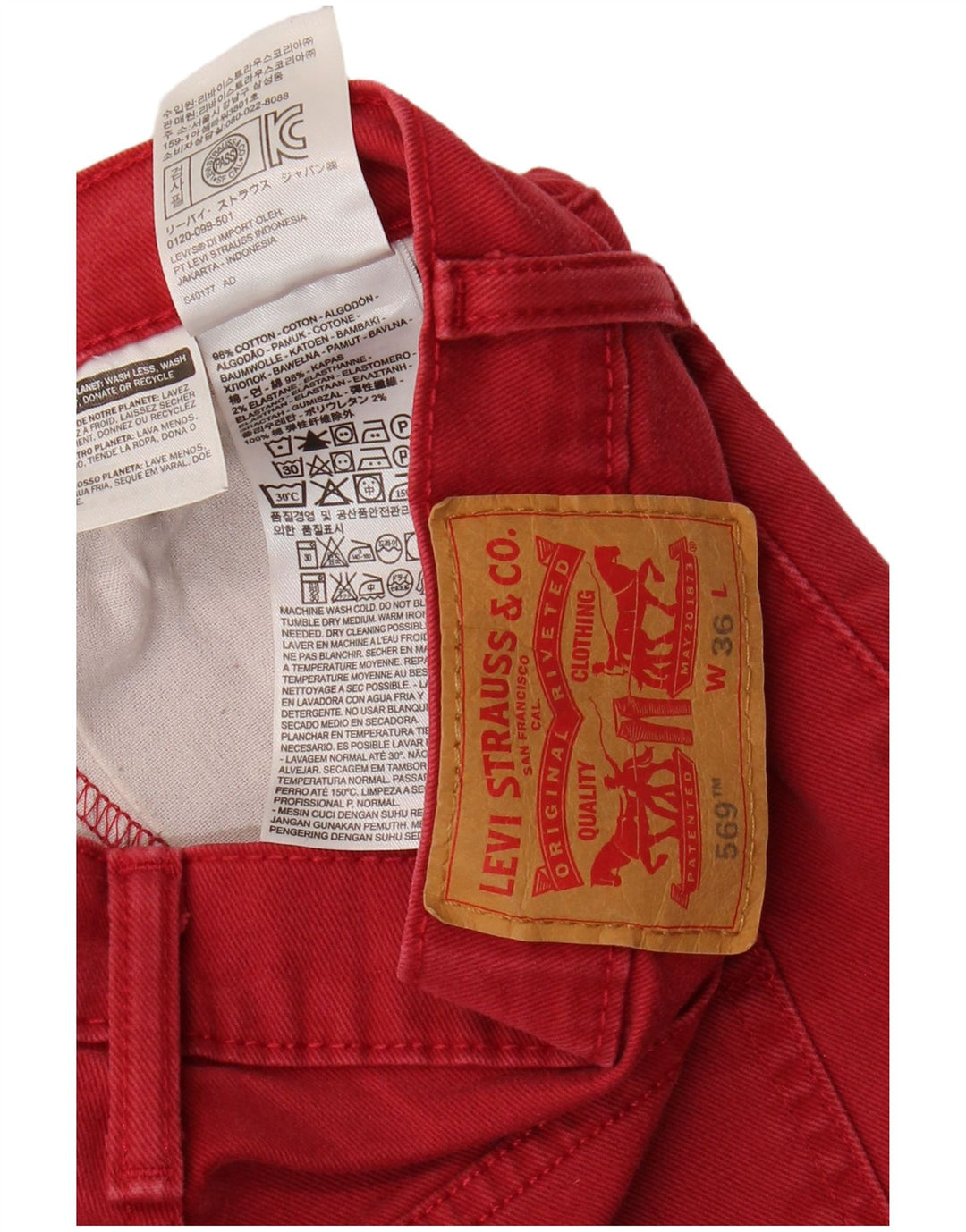 LEVI'S Pantaloncini di jeans 569 da uomo W36 grandi in cotone rosso