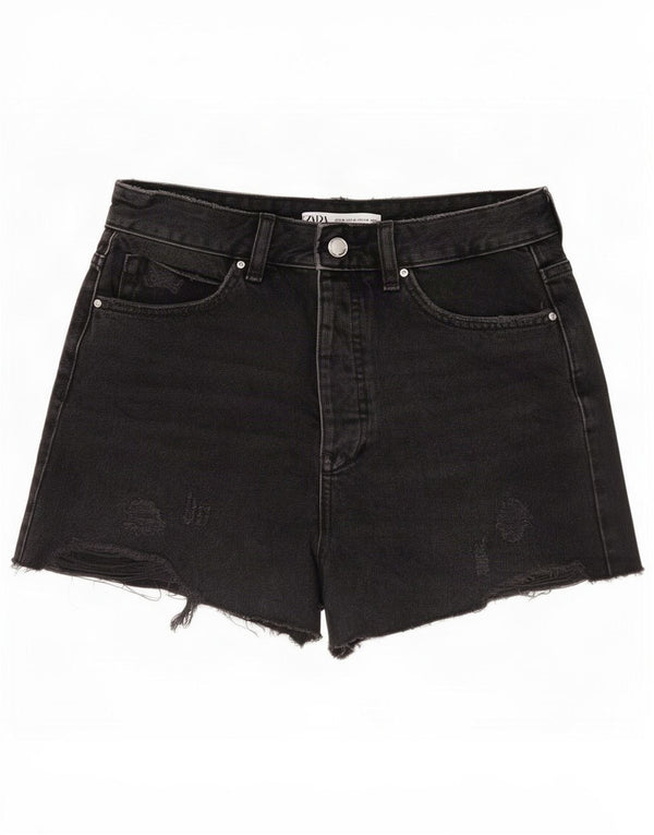 Pantaloncini di jeans invecchiati a vita alta da donna Zara EU 38 piccoli W28 cotone nero