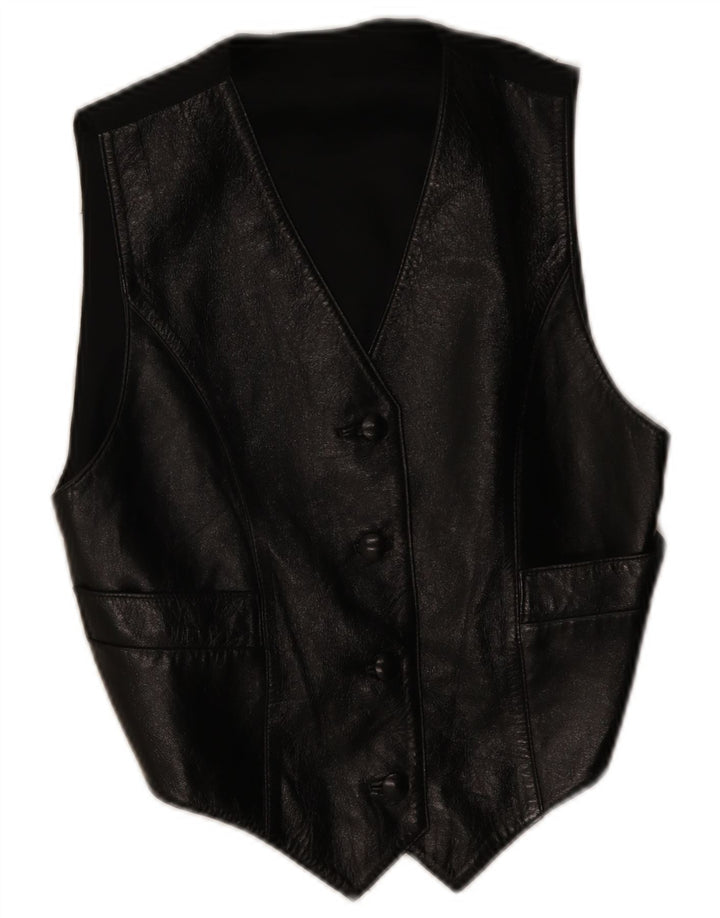 Gilet in pelle da donna vintage UK 12 in pelle nera media