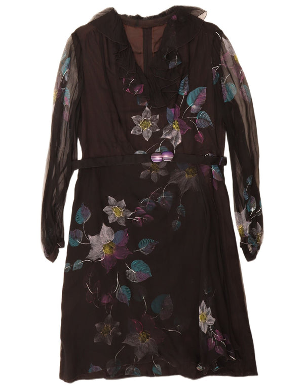 Abito a trapezio a maniche lunghe da donna vintage UK 12 medio nero floreale