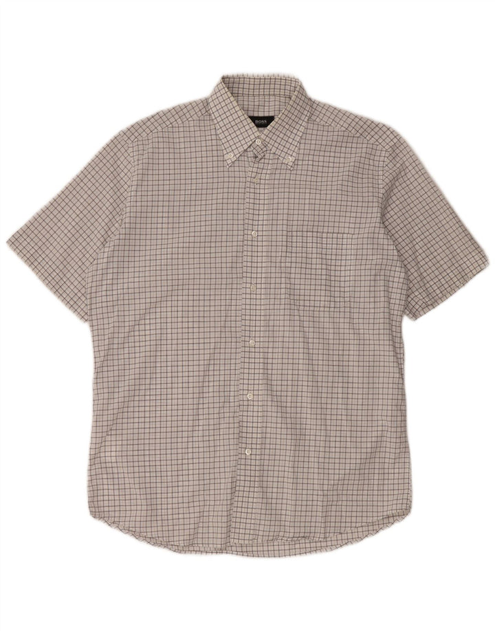 Camicia a maniche corte da uomo HUGO BOSS taglia 40 15 3/4 cotone medio a quadri bianco