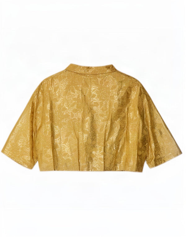 Top bolero a maniche corte da donna vintage UK 14 medio oro floreale