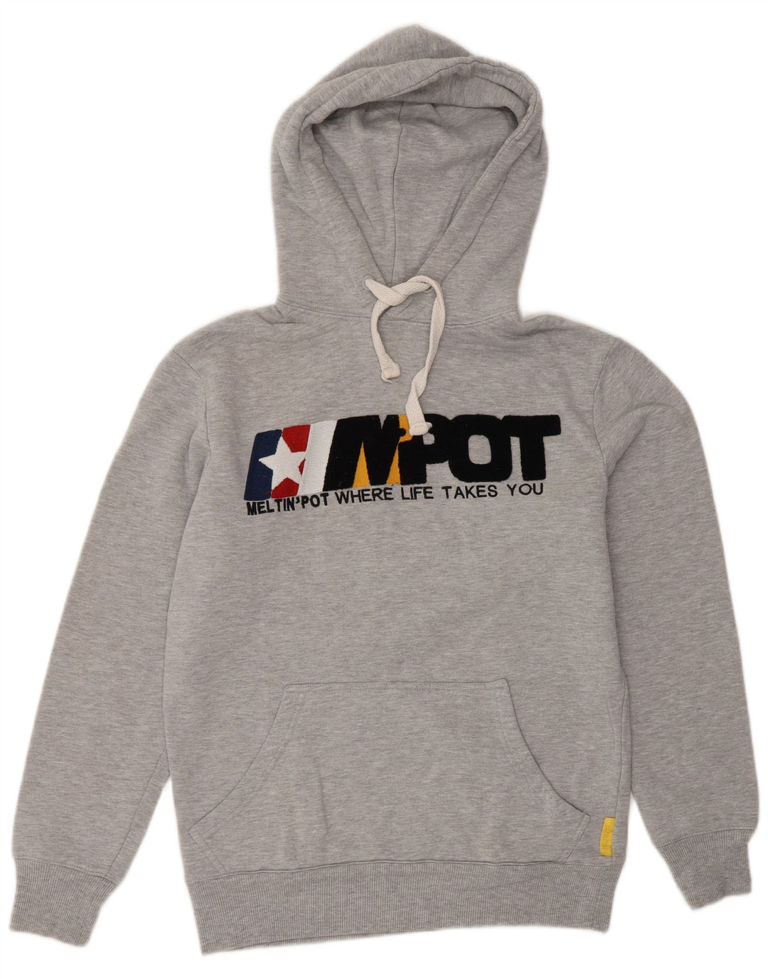 MELTIN' POT Mens Graphic Hoodie Jumper Small Grey Cotton
