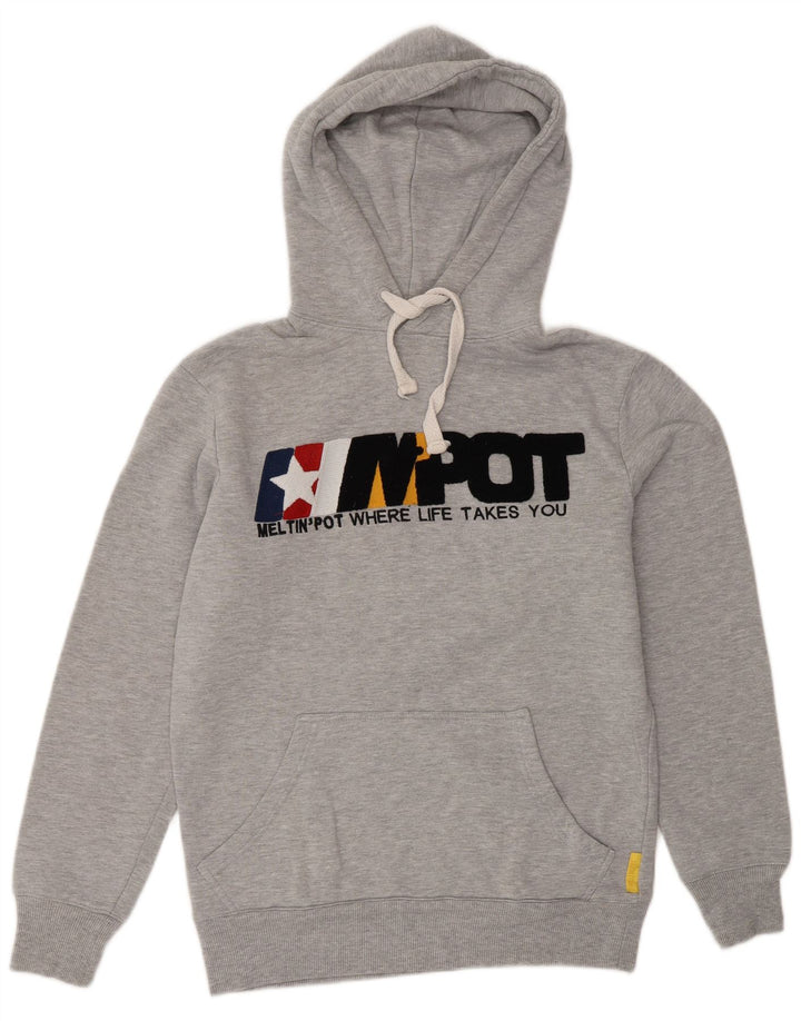 MELTIN' POT Mens Graphic Hoodie Jumper Small Grey Cotton