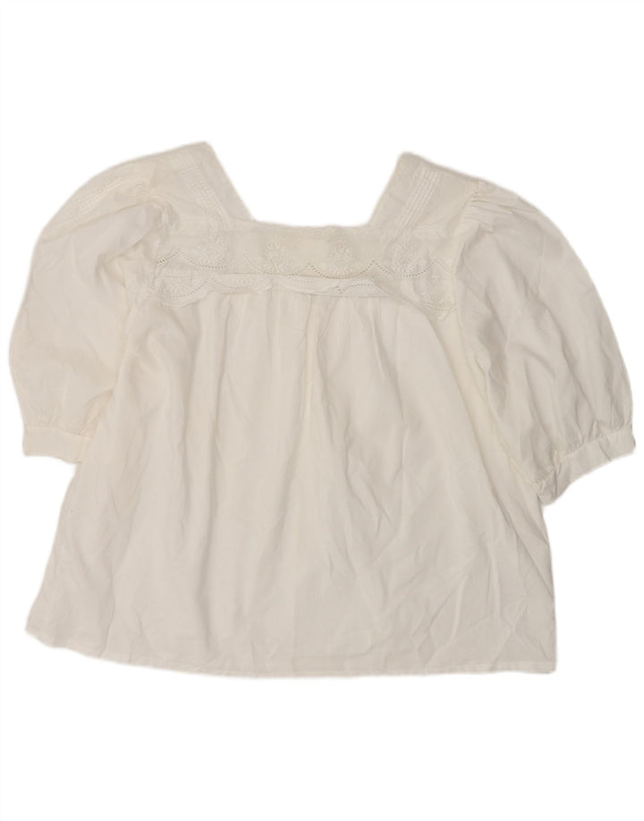 Top camicetta da donna vintage UK 16 grande motivo floreale bianco