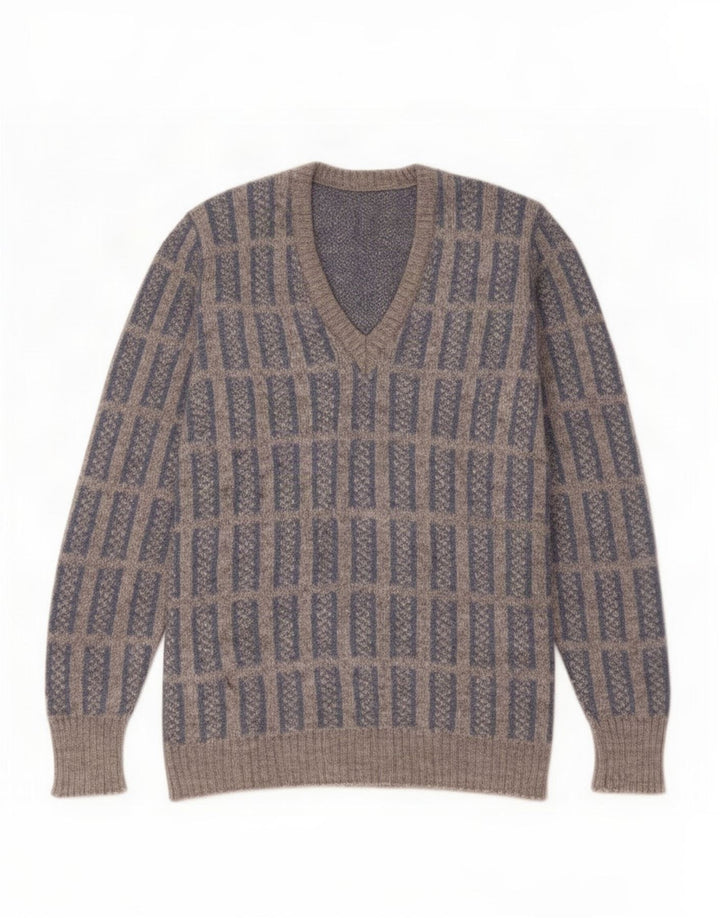 Maglione vintage da uomo con scollo a V IT 52 grande motivo a quadri grigi
