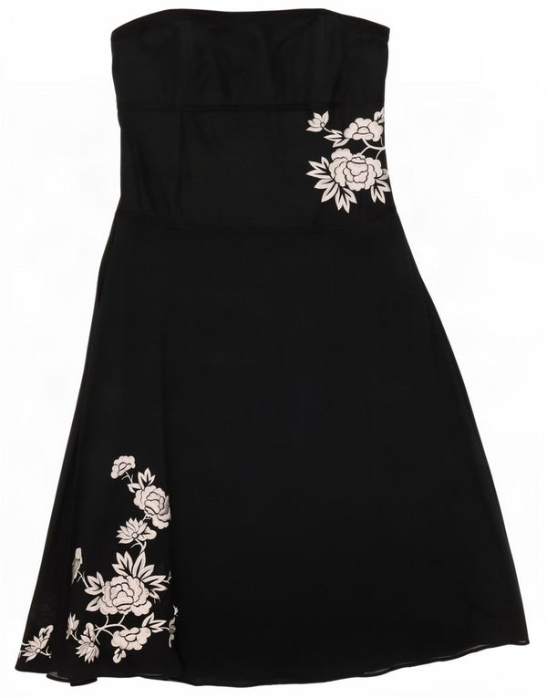 Monsoon Womens Strapless Dress UK 14 Large Navy Blue Floral Linen