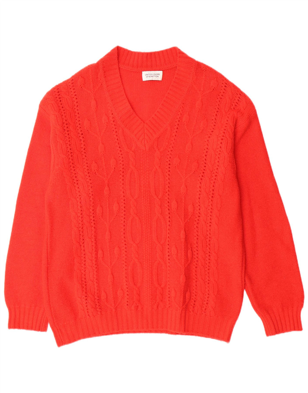 BENETTON Maglione da uomo con scollo a V grande rosso in lana vergine