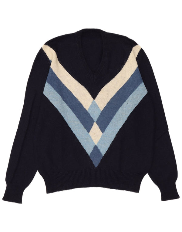 Vintage Mens V-Neck Jumper Sweater Large Navy Blue Colourblock Alpaca Wool