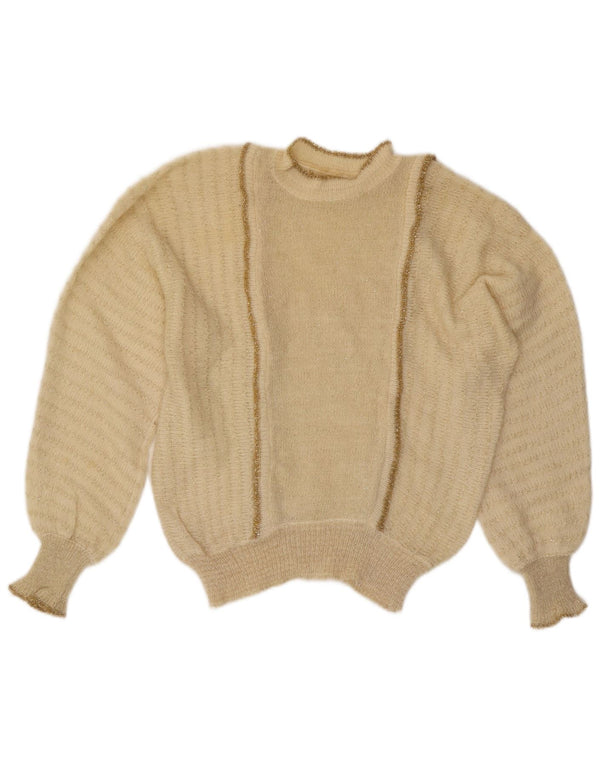 Maglione maglione vintage da donna con collo dolcevita UK 14 grande bianco sporco chiazzato