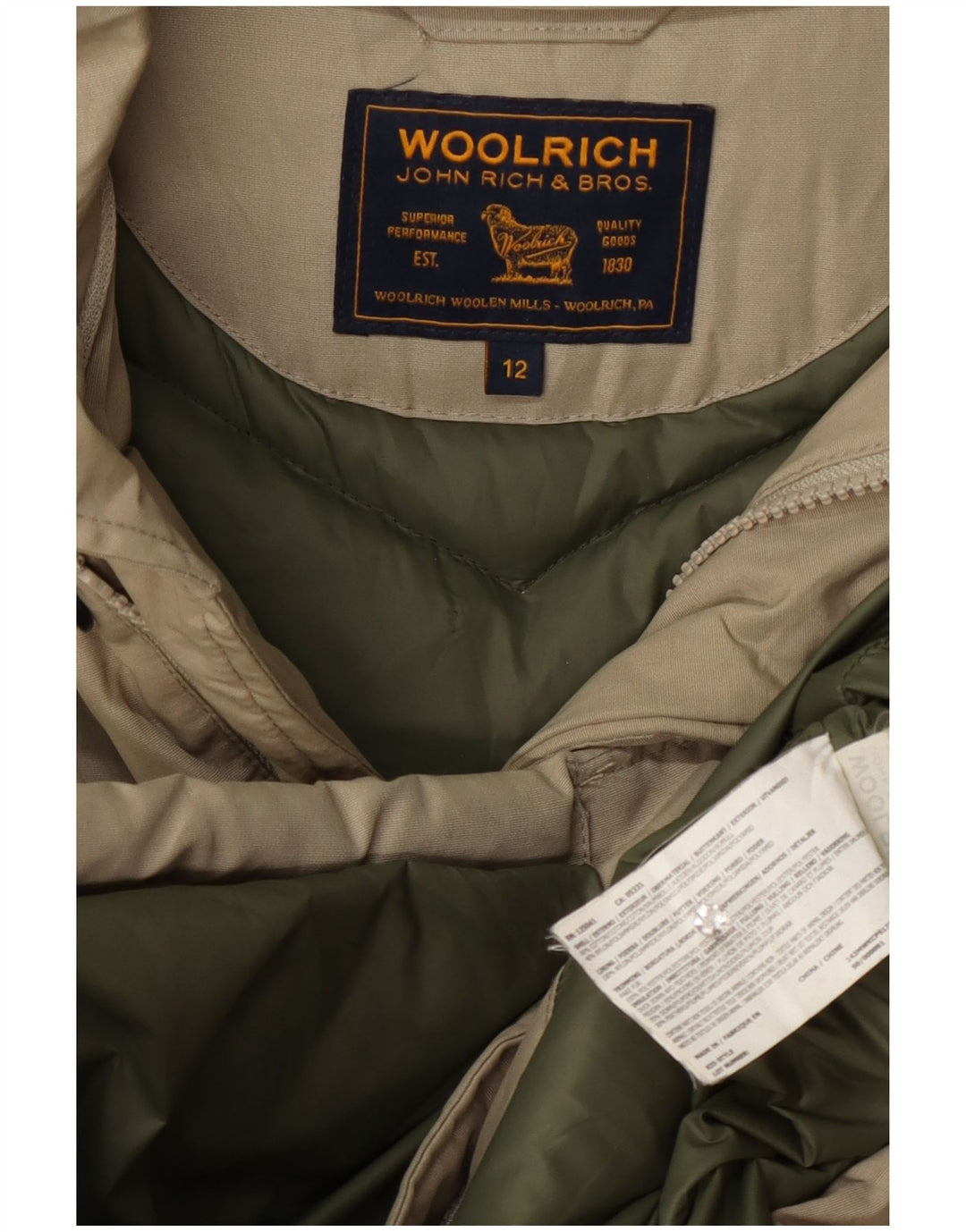 Giacca imbottita con cappuccio Woolrich per ragazzi 11-12 anni in cotone beige