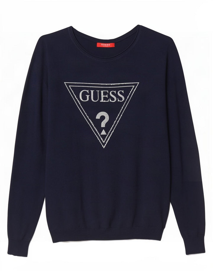 Guess Maglione da donna con scollo a barchetta con grafica UK 14 Blu navy medio