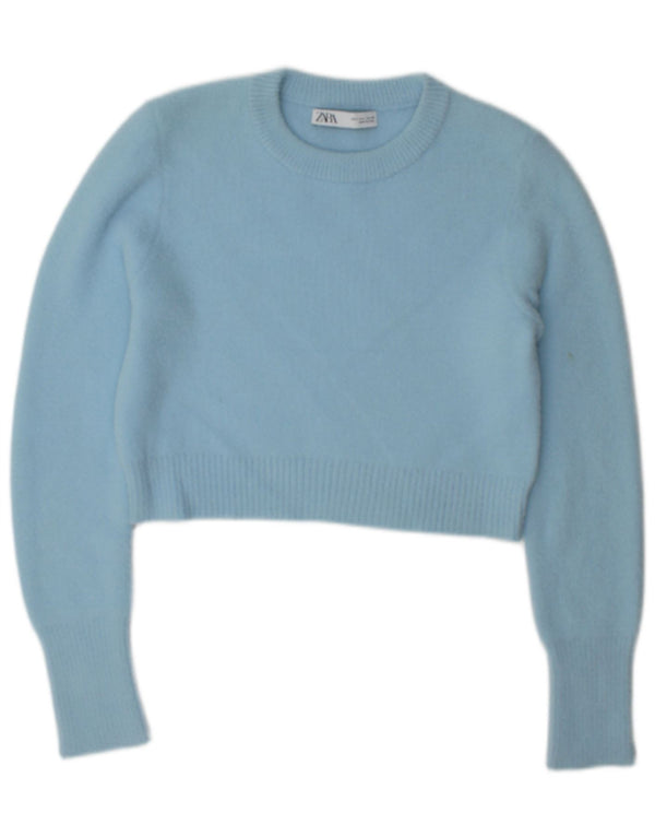 Maglione corto girocollo da donna Zara UK 14 grande nylon blu