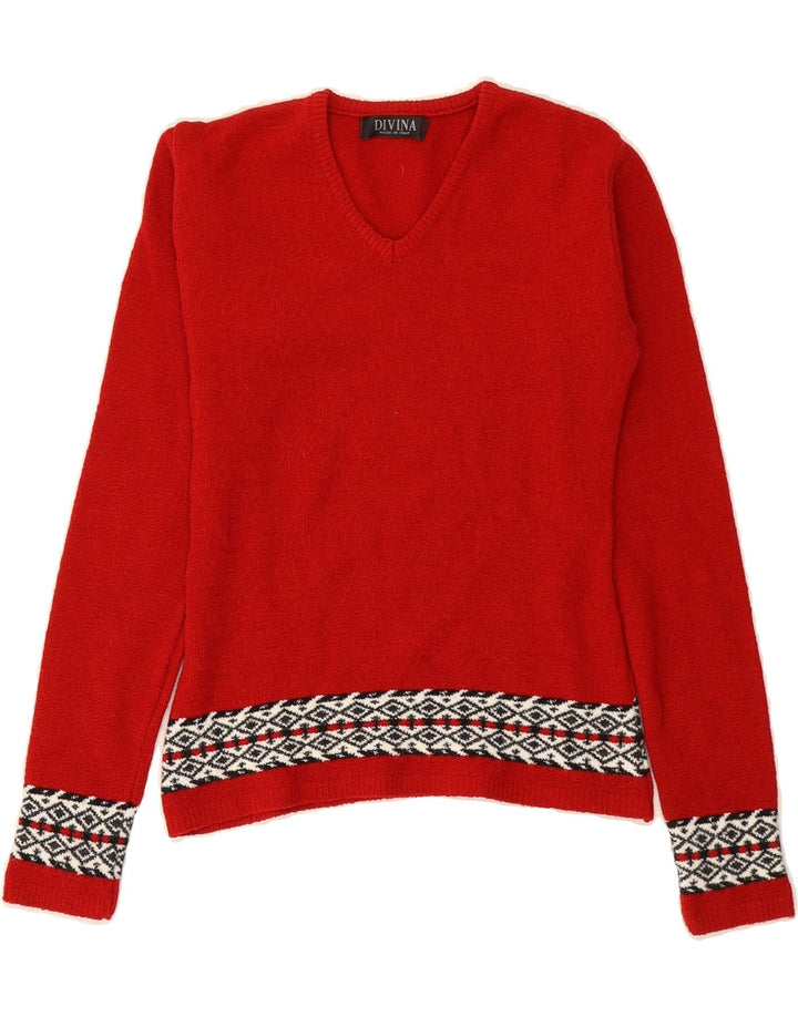 DIVINA Womens V-Neck Jumper Sweater UK 8 Small Red Fair Isle Wool Vintage Divina and Second-Hand Divina from Messina Hembry 