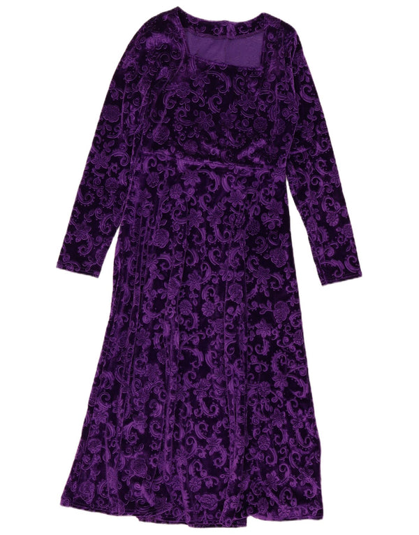 Abito lungo da donna vintage in velluto UK 14 Grande poliestere floreale viola