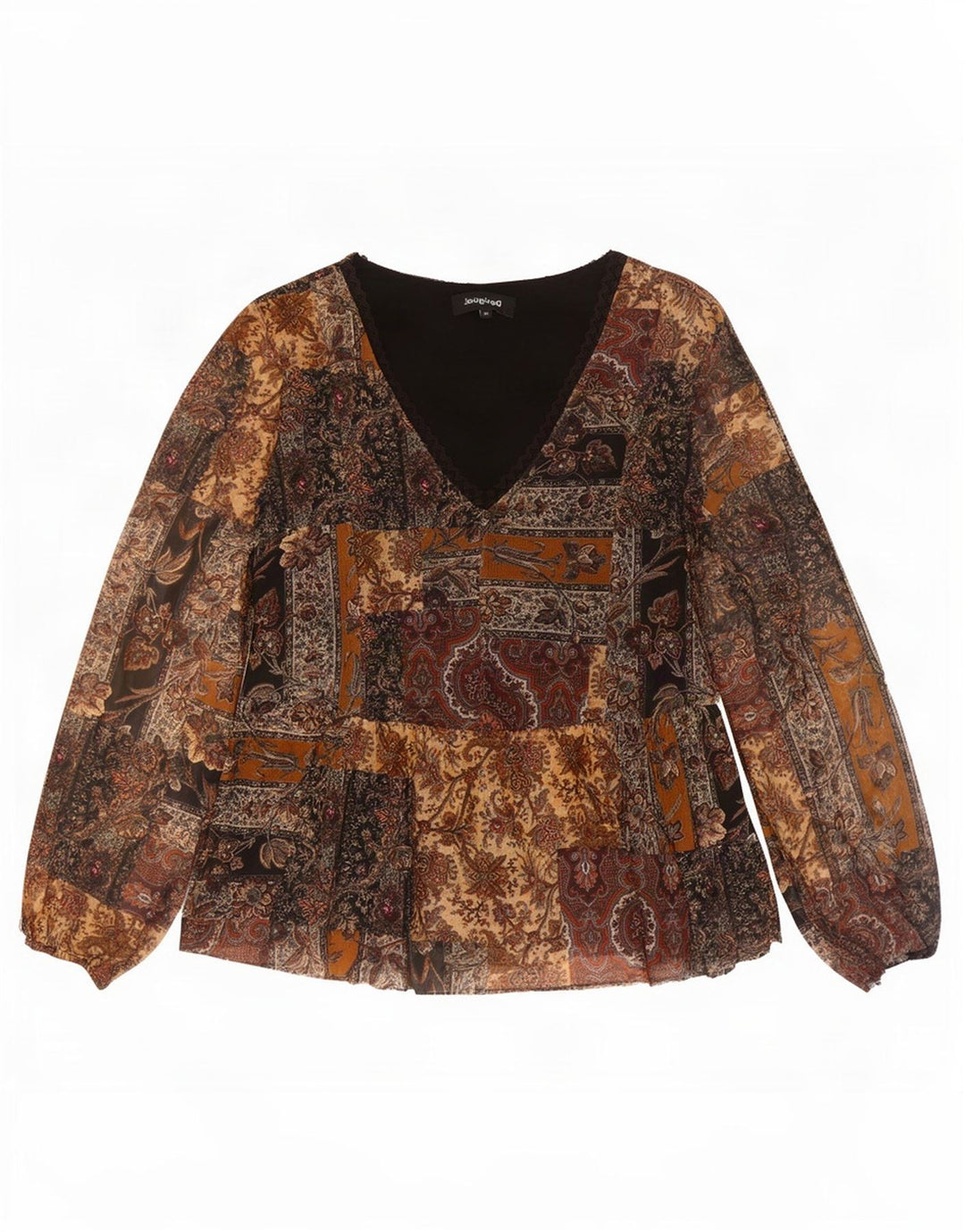 Desigual Camicetta a maniche lunghe da donna Top UK 14 Poliestere Paisley marrone medio