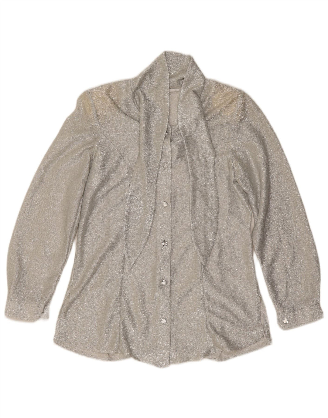 Camicetta vintage da donna con cravatta sul davanti UK 12 medio argento chiazzato