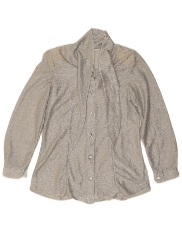 Camicetta vintage da donna con cravatta sul davanti UK 12 medio argento chiazzato