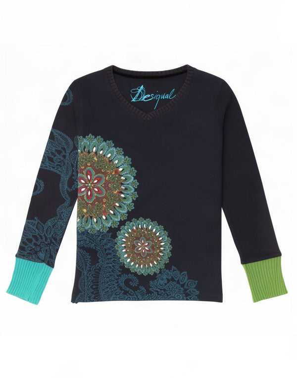 Desigual Donna Graphic Top Manica Lunga UK 14 Medio Blu Navy Floreale