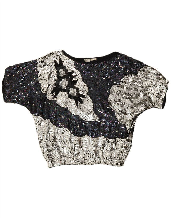 Camicetta vintage da donna con paillettes da sera, top UK 10, piccola, multicolore