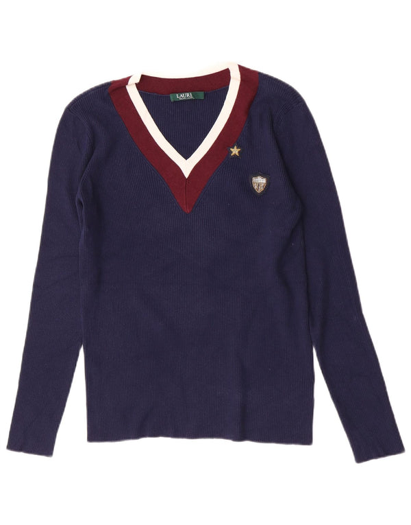 Maglione maglione con scollo a V da donna Ralph Lauren UK 14 grande cotone blu navy
