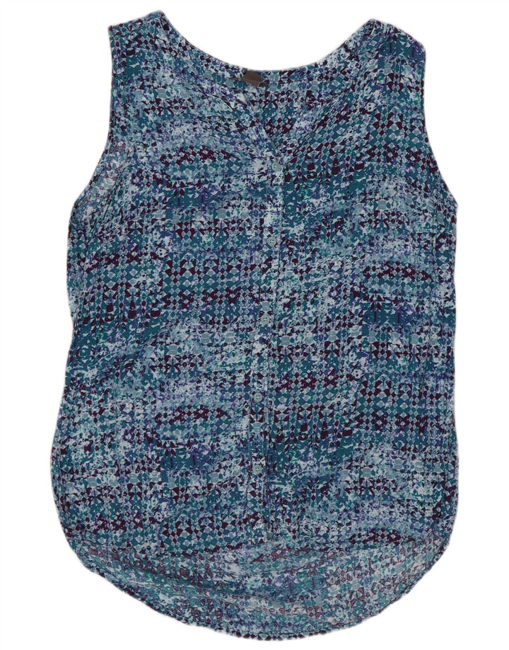 EDDIE BAUER Camicia senza maniche da donna Camicetta UK 10 Piccola blu geometrica