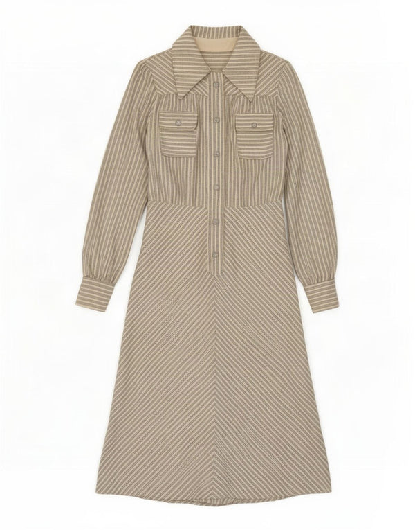 Abito camicia pullover vintage da donna UK 10 piccolo a righe beige