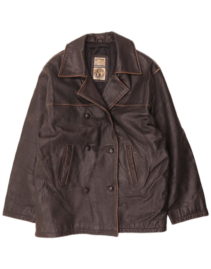 Giacca in pelle doppiopetto vintage da donna UK 20 2XL Marrone