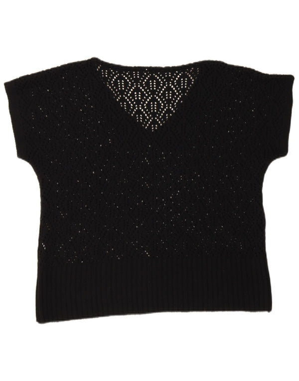 Vintage Womens Short Sleeve Crochet V-Neck Jumper Sweater UK 16 Large Black