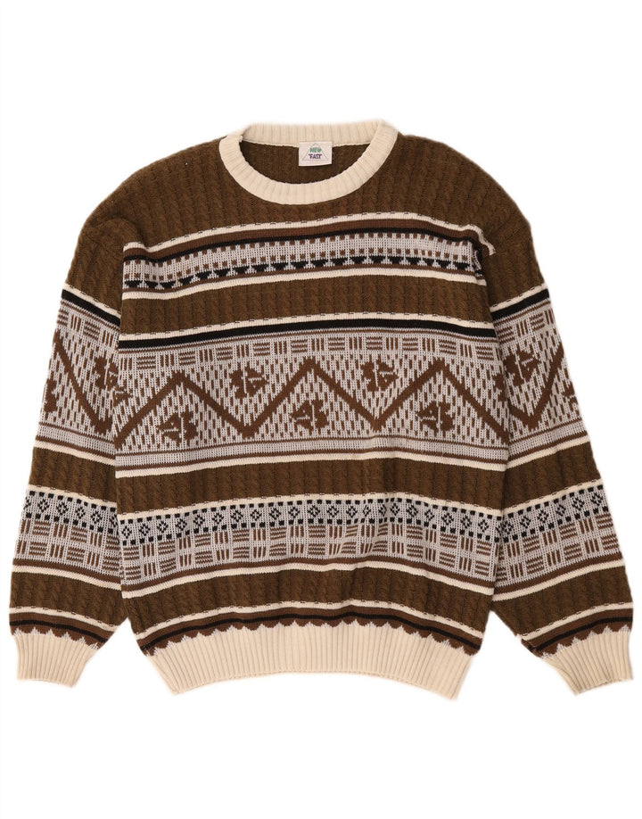Nuovo maglione maglione con scollo a barca da uomo veloce marrone medio Fair Isle