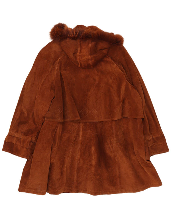 Soprabito vintage da donna oversize in pelle scamosciata con cappuccio IT 44 in pelle marrone medio