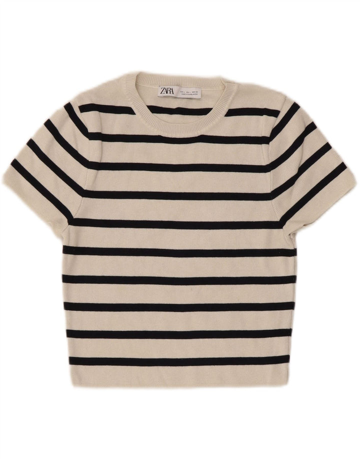 ZARA Womens Crop Blouse Top UK 12 Large Beige Striped Viscose