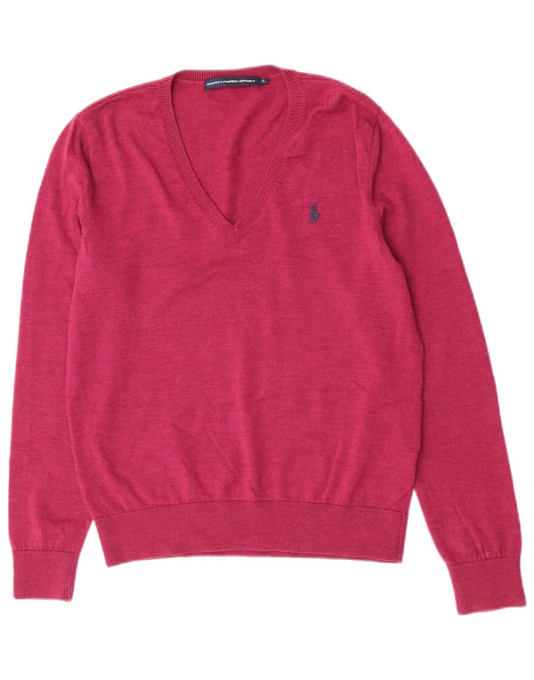 Maglione maglione con scollo a V da donna Ralph Lauren UK 18 XL lana merino rosa