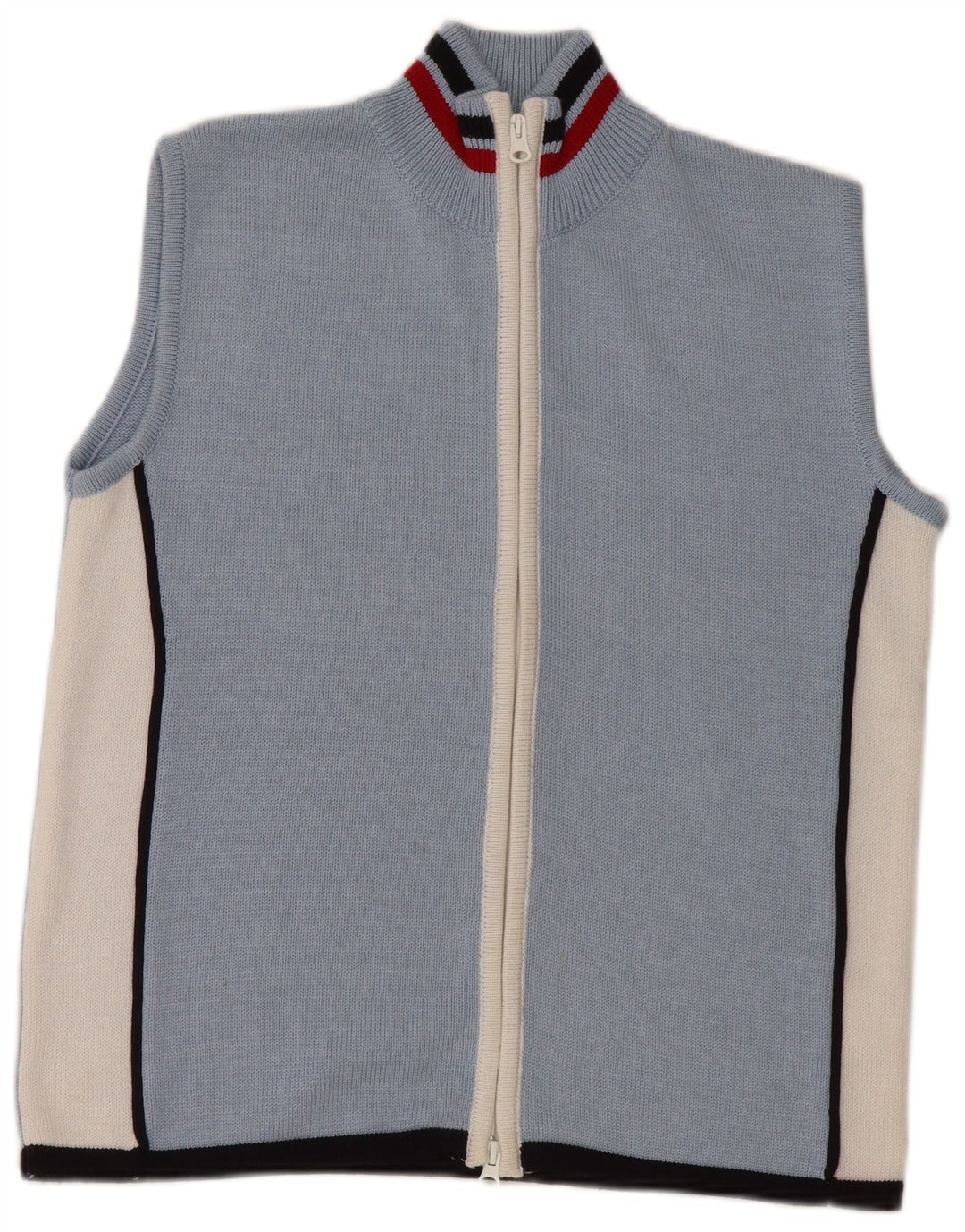 Maglione cardigan senza maniche da donna VINTAGE UK 16 Large Blue Colourblock